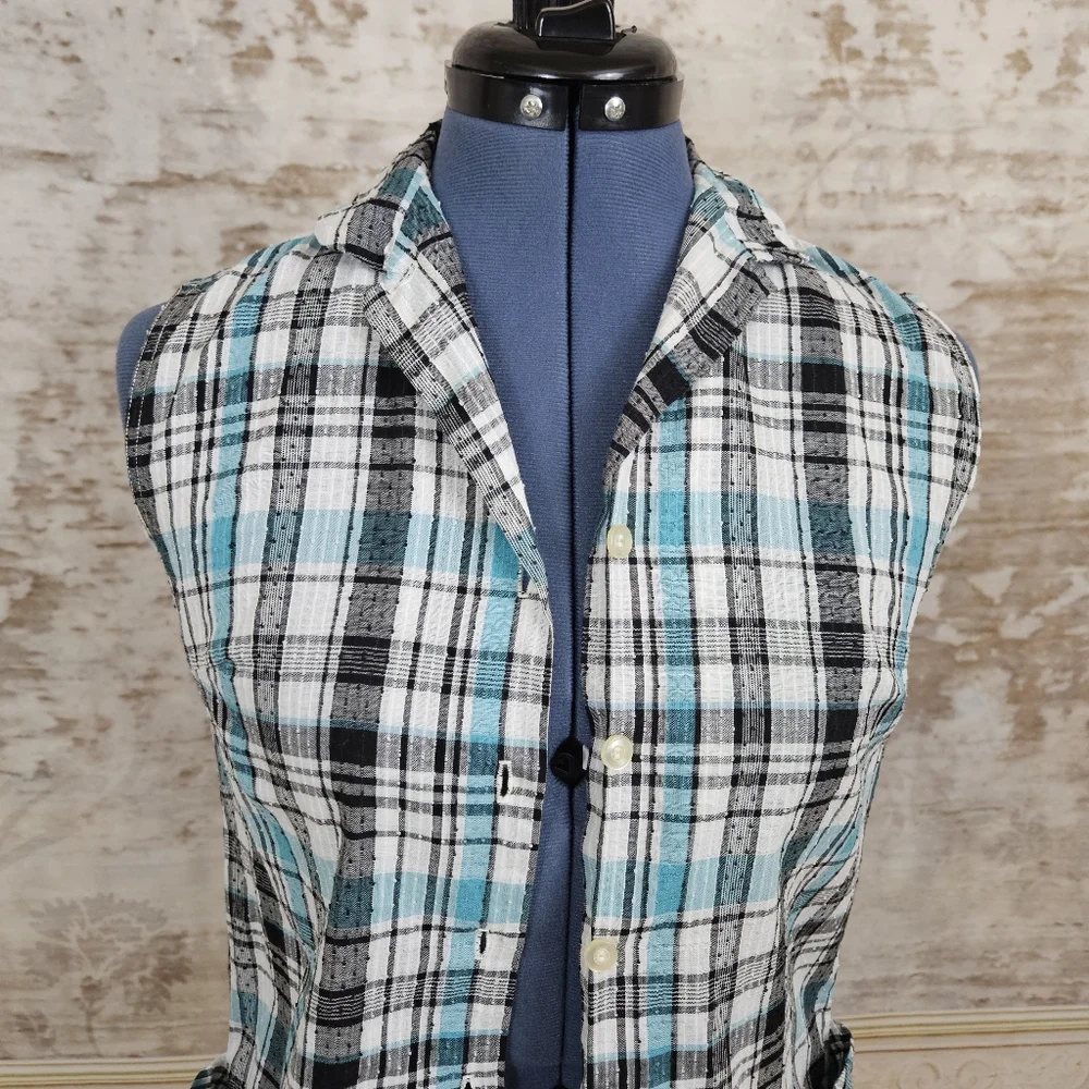 Vintage 1960s Seersucker Blouse XS Swiss Dot Blue Teal Black Rockabilly Plaid